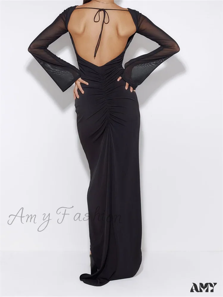 Amy Fashion - Sexy Women  Mesh  Sleeve Backless Ruched Lace-up Solid Color Party Female Irregular Hem Vestidos - Image 3