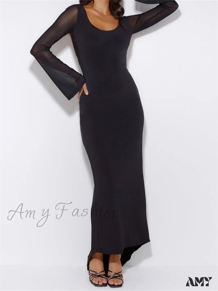 Amy Fashion - Sexy Women  Mesh  Sleeve Backless Ruched Lace-up Solid Color Party Female Irregular Hem Vestidos - Image 4