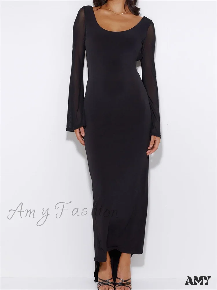 Amy Fashion - Sexy Women  Mesh  Sleeve Backless Ruched Lace-up Solid Color Party Female Irregular Hem Vestidos - Image 5