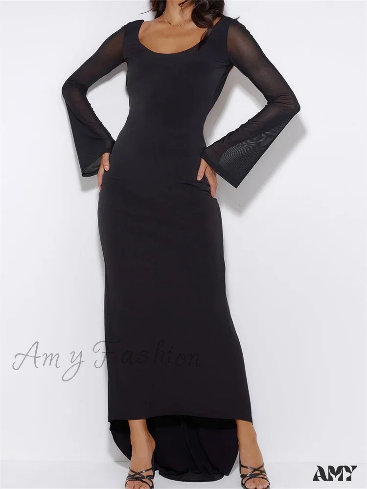 Amy Fashion - Sexy Women  Mesh  Sleeve Backless Ruched Lace-up Solid Color Party Female Irregular Hem Vestidos - Image 6