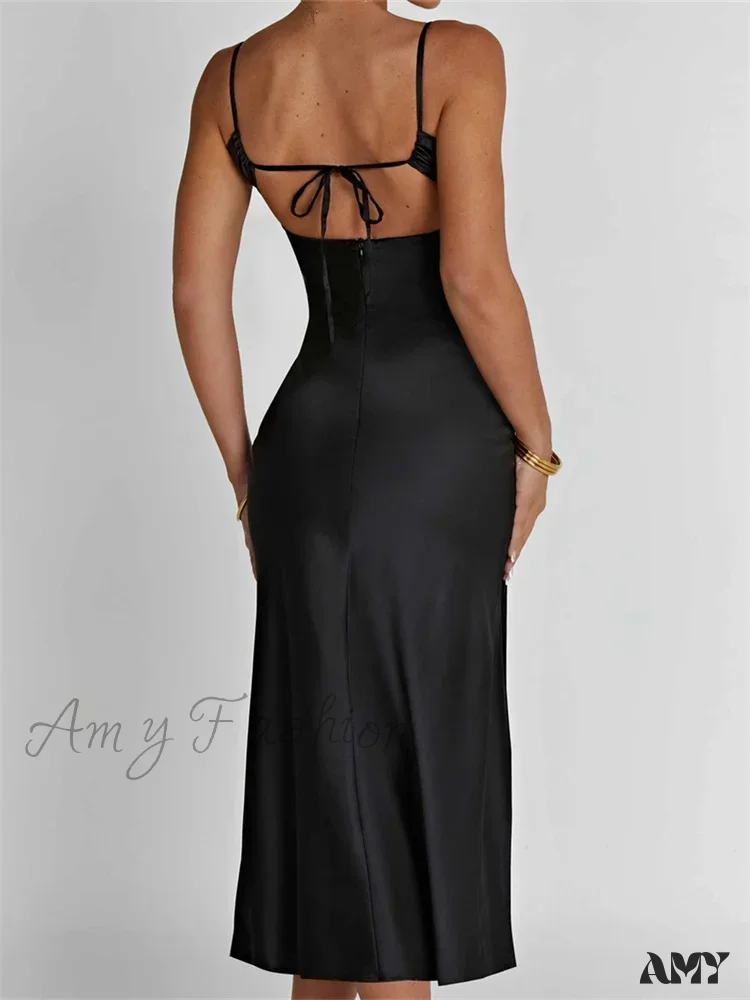 Amy Fashion - Sexy Women Ruched Lace Low Cut  Sleeveless Spaghetti Strap High Split Evening  Front Tie-up Vestidos - Image 2