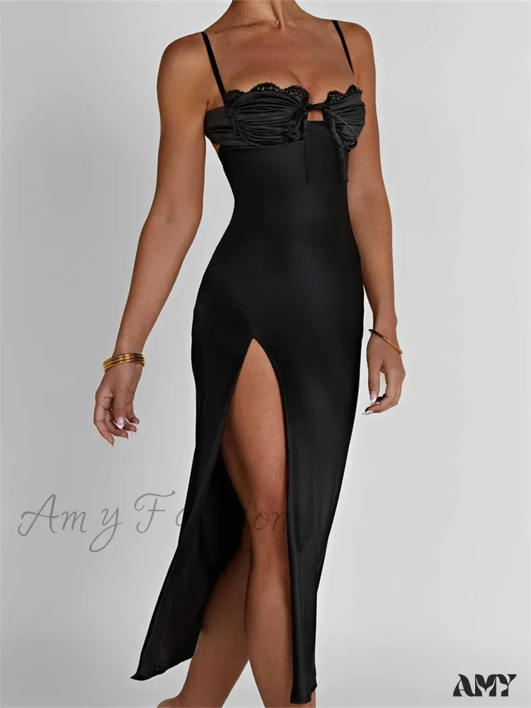 Amy Fashion - Sexy Women Ruched Lace Low Cut  Sleeveless Spaghetti Strap High Split Evening  Front Tie-up Vestidos - Image 3