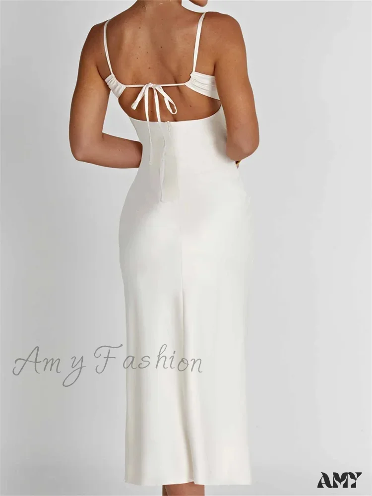 Amy Fashion - Sexy Women Ruched Lace Low Cut  Sleeveless Spaghetti Strap High Split Evening  Front Tie-up Vestidos - Image 4
