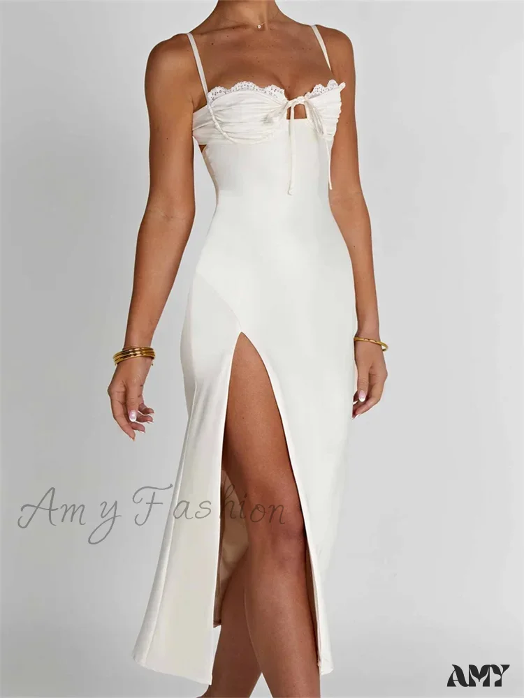 Amy Fashion - Sexy Women Ruched Lace Low Cut  Sleeveless Spaghetti Strap High Split Evening  Front Tie-up Vestidos - Image 6