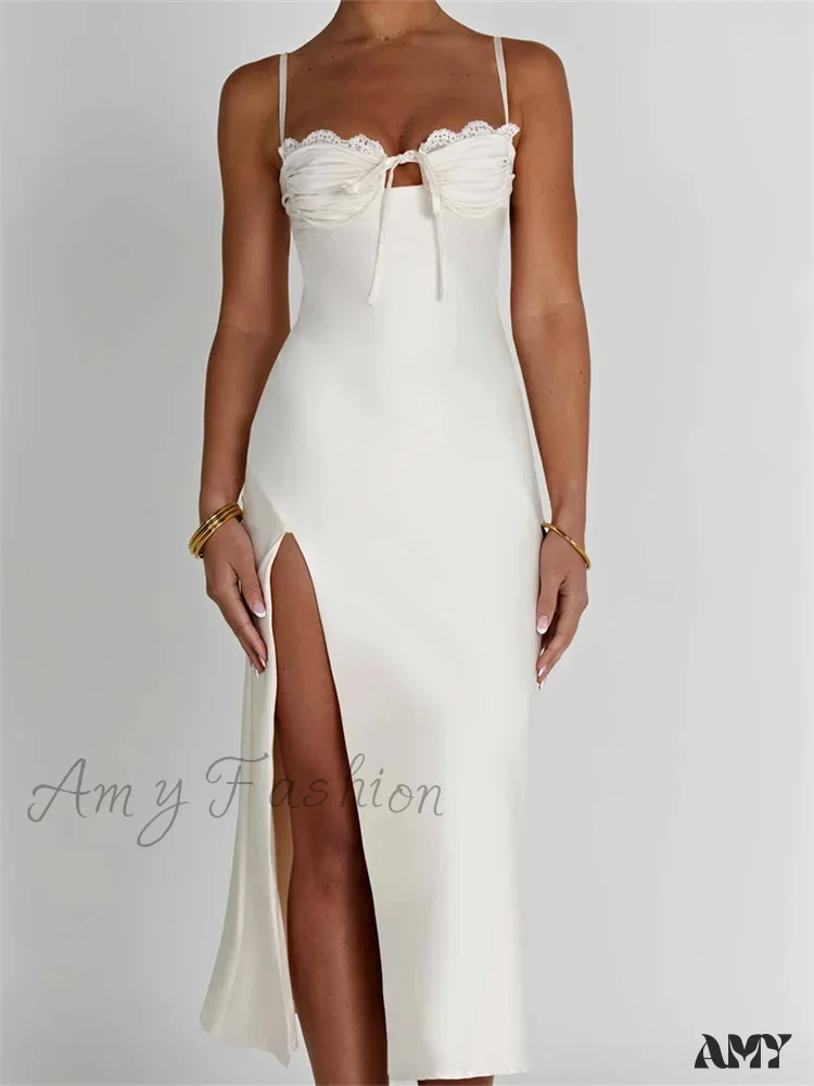 Amy Fashion - Sexy Women Ruched Lace Low Cut  Sleeveless Spaghetti Strap High Split Evening  Front Tie-up Vestidos - Image 7