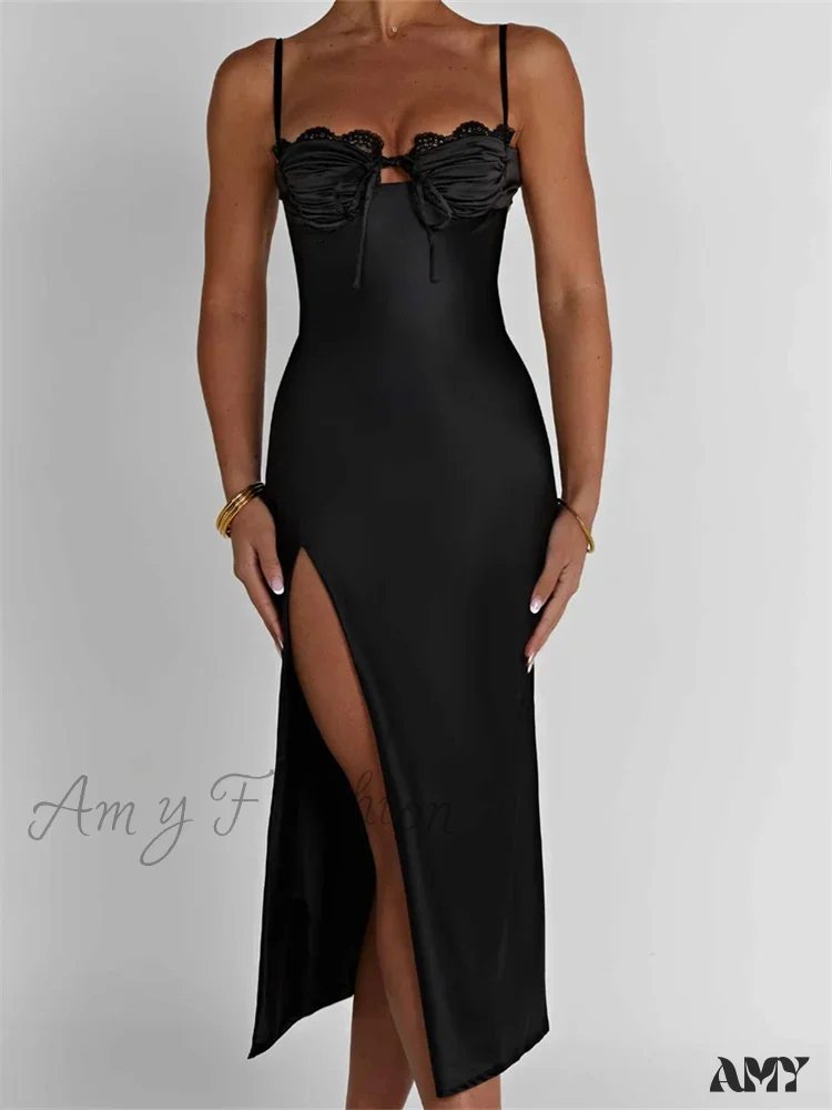 Amy Fashion - Sexy Women Ruched Lace Low Cut  Sleeveless Spaghetti Strap High Split Evening  Front Tie-up Vestidos - Image 8