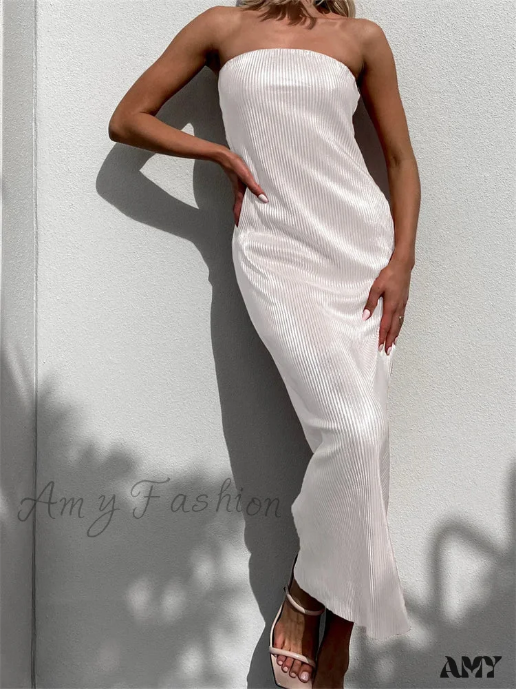 Amy Fashion - Sexy Women Ruched Tube  Strapless Off Shoulder Bodycon Solid Color Summer Party Female Vestidos - Image 3