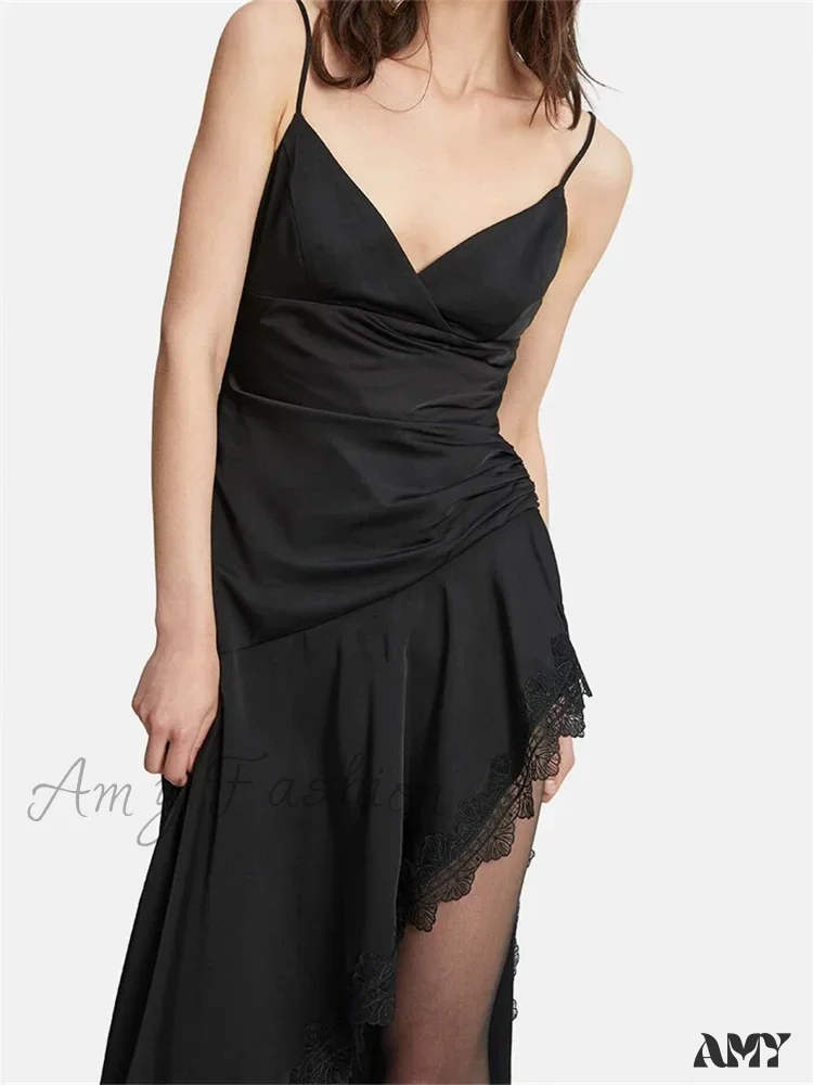 Amy Fashion - Sexy Women Side High Split Sleeveless Strap V-neck Lace Patchwork  Summer Cocktail Party Vestido - Image 3