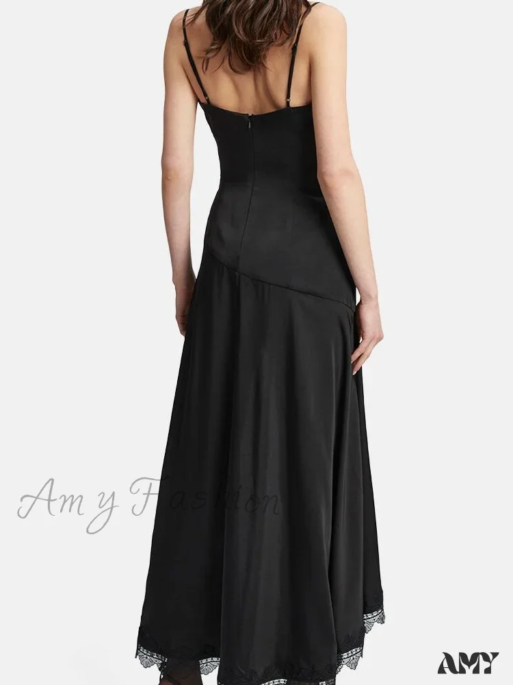 Amy Fashion - Sexy Women Side High Split Sleeveless Strap V-neck Lace Patchwork  Summer Cocktail Party Vestido - Image 4