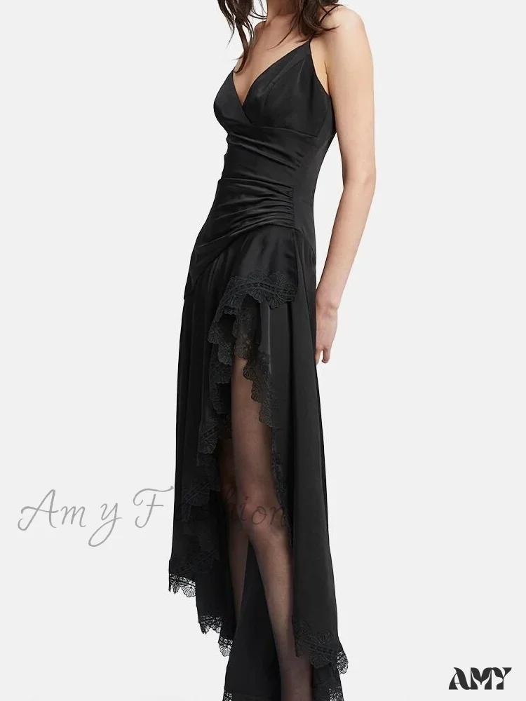 Amy Fashion - Sexy Women Side High Split Sleeveless Strap V-neck Lace Patchwork  Summer Cocktail Party Vestido - Image 5