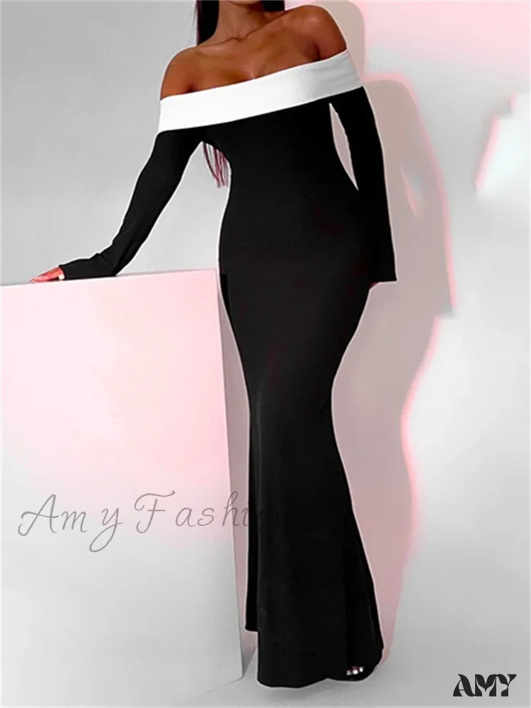 Amy Fashion - Sexy Women Slash Neck Off Shoulder   Sleeve Contrast Color Slim Fit Party Formal Female Vestidos