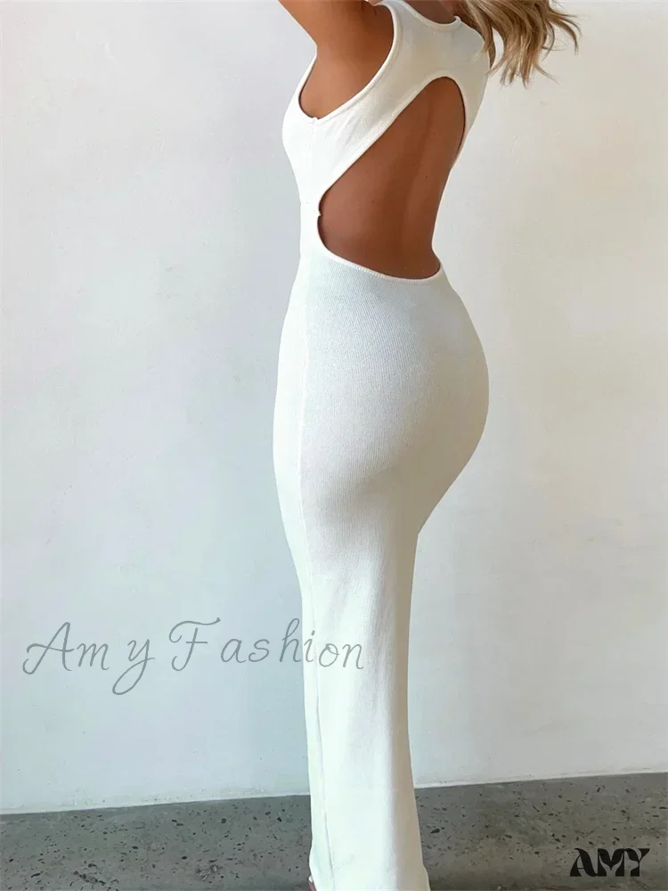 Amy Fashion - Sexy Women Sleeveless Evening White Backless Hollow Out Summer Party Club Female Vestidos Streetwear - Image 2