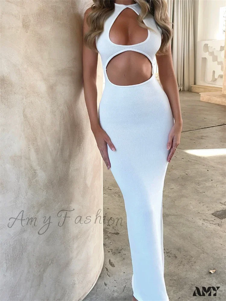 Amy Fashion - Sexy Women Sleeveless Evening White Backless Hollow Out Summer Party Club Female Vestidos Streetwear - Image 3