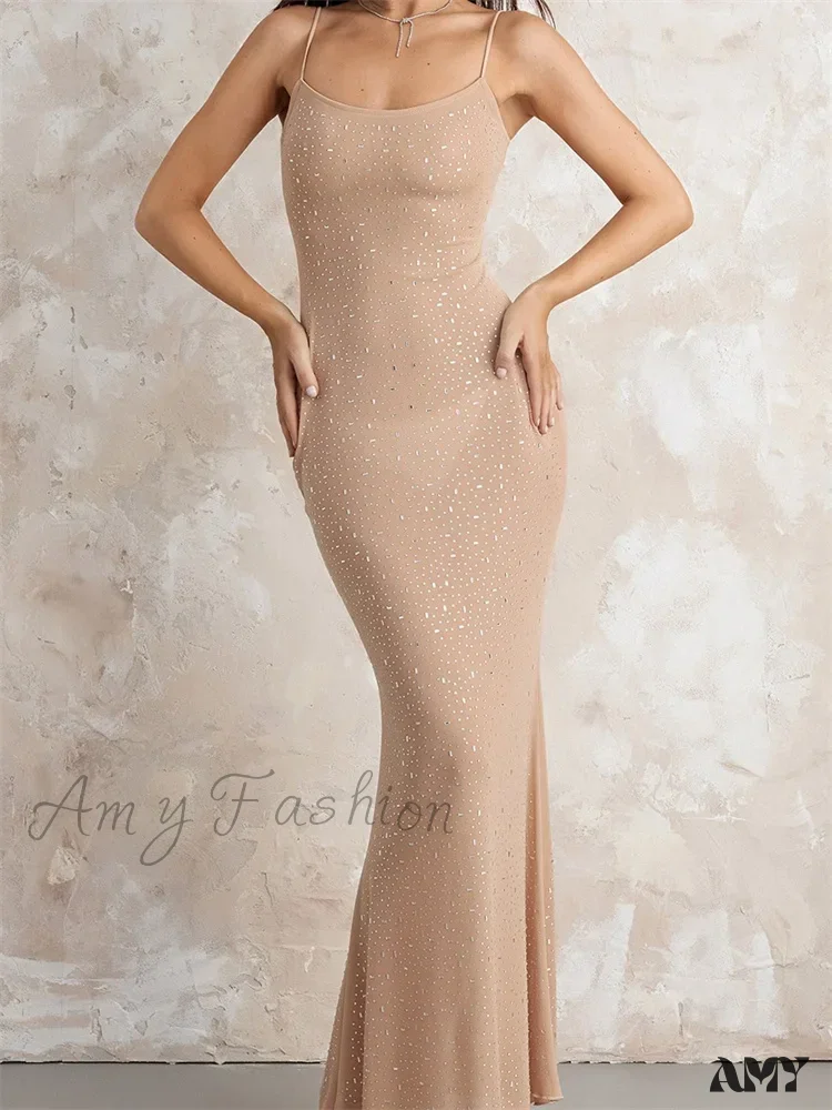 Amy Fashion - Sexy Women Sleeveless Strap Slim Sparkle Rhinestone Low Cut Trumpet Summer Party Female Vestido - Image 4