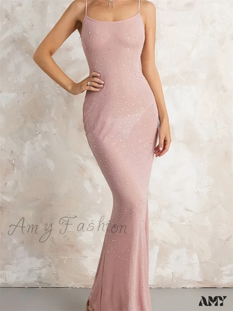 Amy Fashion - Sexy Women Sleeveless Strap Slim Sparkle Rhinestone Low Cut Trumpet Summer Party Female Vestido - Image 5