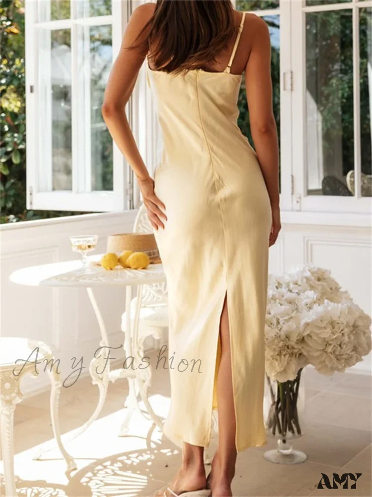 Amy Fashion - Sexy Women Sleeveless Strap Solid Color Summer Party Ruffles Ruched V-neck  Cocktail Female Vestidos - Image 4
