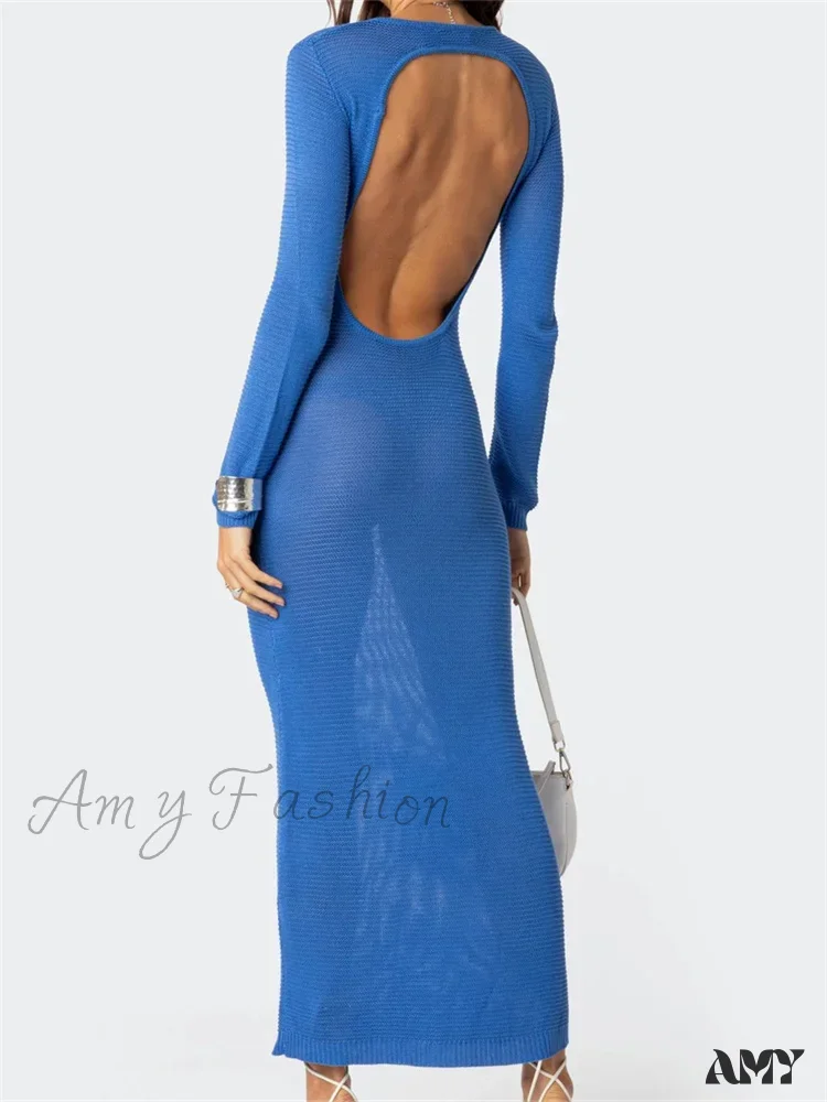 Amy Fashion - Sexy Women Summer Autumn Party Solid Round Neck Sleeve Backless Knitted Female Vestido Clubwear - Image 2