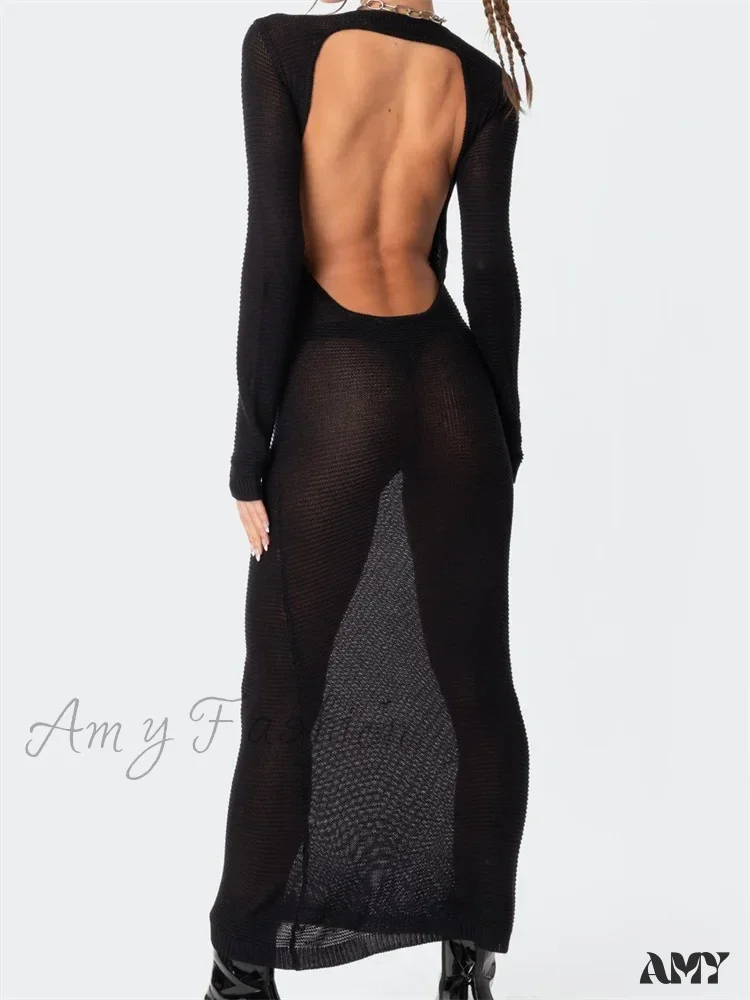Amy Fashion - Sexy Women Summer Autumn Party Solid Round Neck Sleeve Backless Knitted Female Vestido Clubwear - Image 3