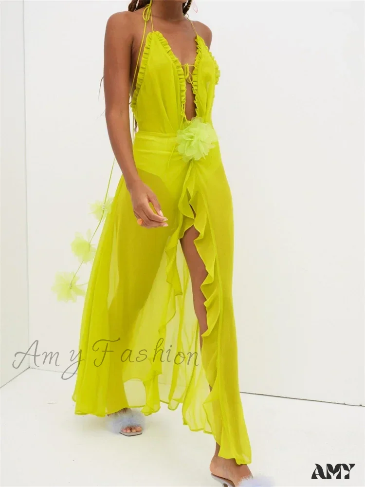 Amy Fashion - Sexy Women Summer Beach  Sleeveless Halter Tie-up Backless See-through Flower Split Ruffles Vestidos