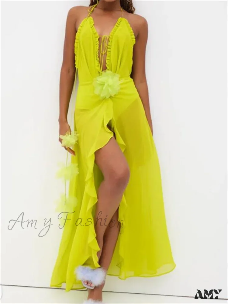 Amy Fashion - Sexy Women Summer Beach  Sleeveless Halter Tie-up Backless See-through Flower Split Ruffles Vestidos - Image 5