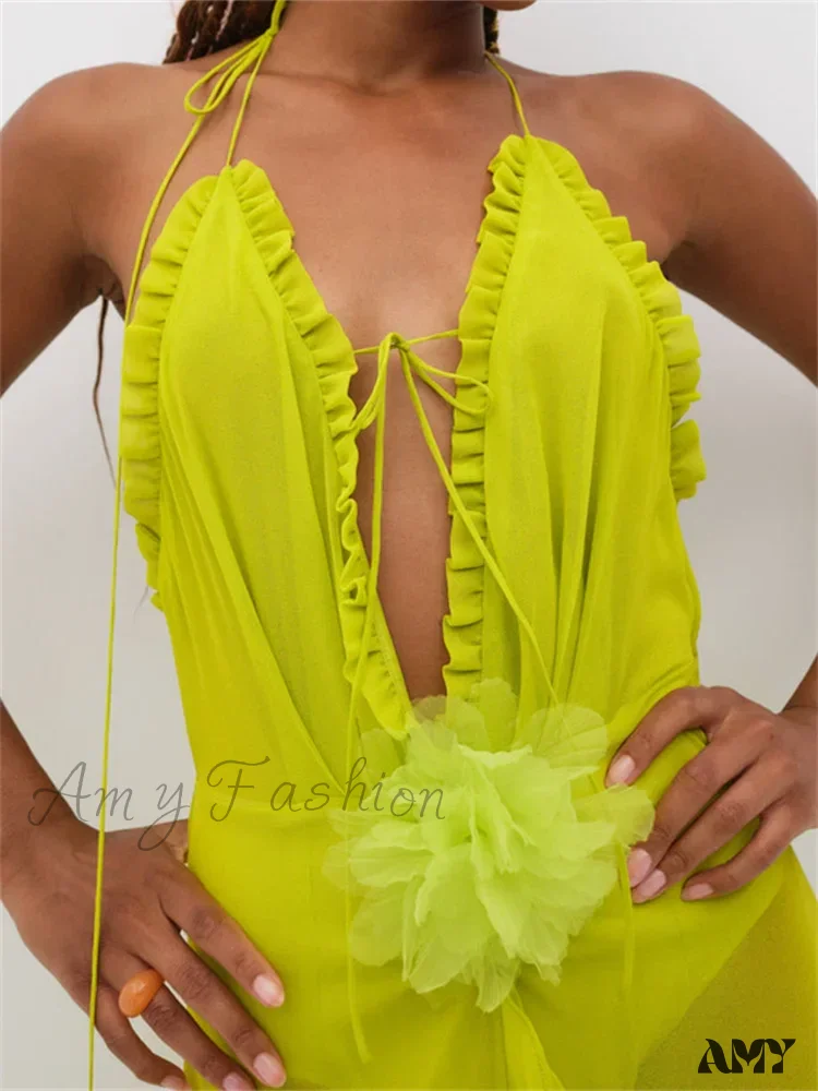 Amy Fashion - Sexy Women Summer Beach  Sleeveless Halter Tie-up Backless See-through Flower Split Ruffles Vestidos - Image 6