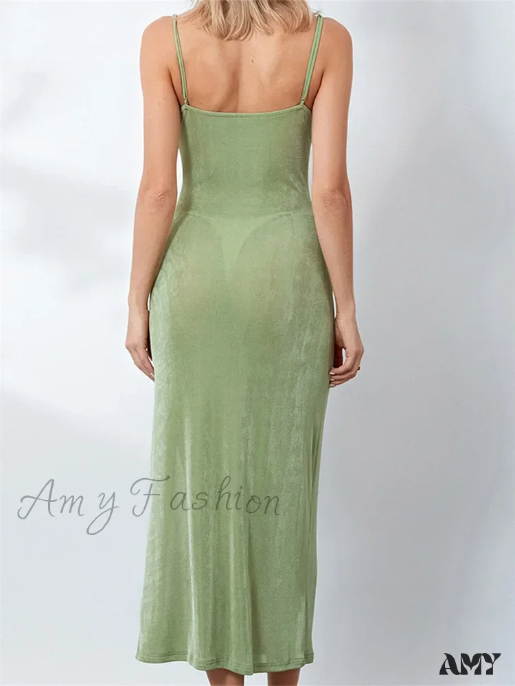 Amy Fashion - Sexy Women Summer High Split  Solid Spaghetti Strap Square Neck Backless Slim  Female Vestidos - Image 6