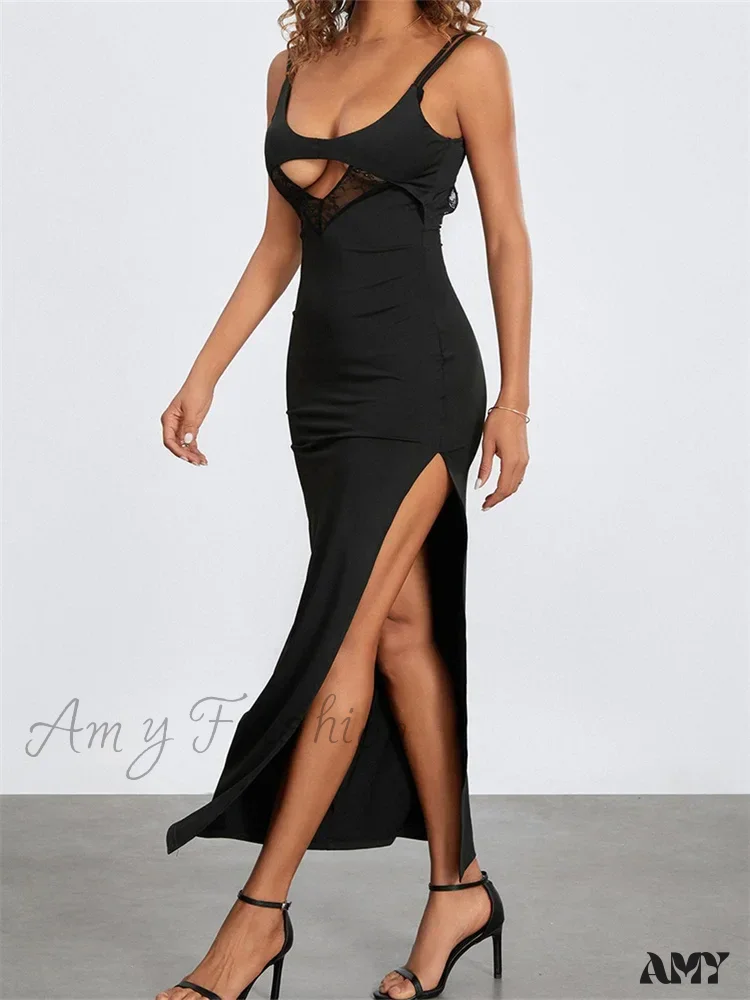 Amy Fashion - Sexy Women Summer Slim Sleeveless  Lace Patchwork Low Cut Cutout Side High Split Summer Party Vestido - Image 2