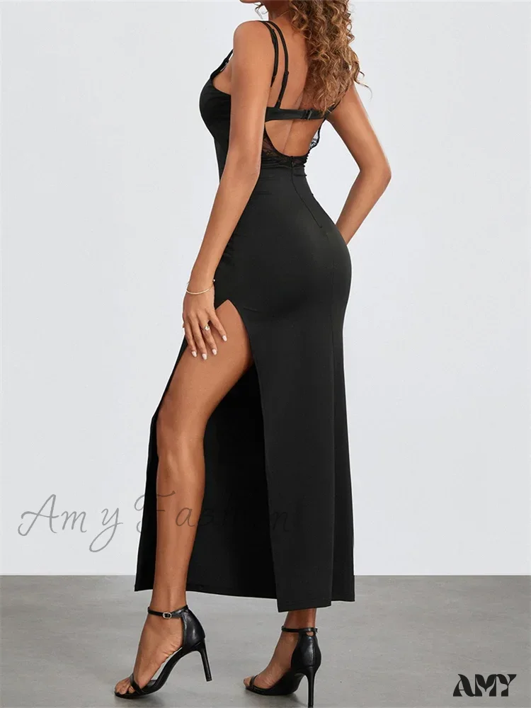 Amy Fashion - Sexy Women Summer Slim Sleeveless  Lace Patchwork Low Cut Cutout Side High Split Summer Party Vestido - Image 3