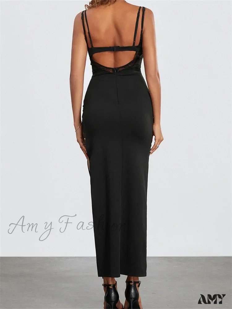Amy Fashion - Sexy Women Summer Slim Sleeveless  Lace Patchwork Low Cut Cutout Side High Split Summer Party Vestido - Image 4