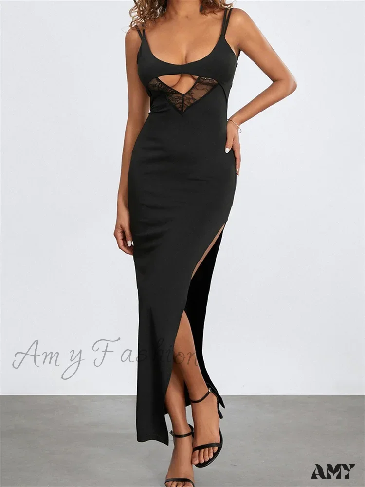 Amy Fashion - Sexy Women Summer Slim Sleeveless  Lace Patchwork Low Cut Cutout Side High Split Summer Party Vestido - Image 5