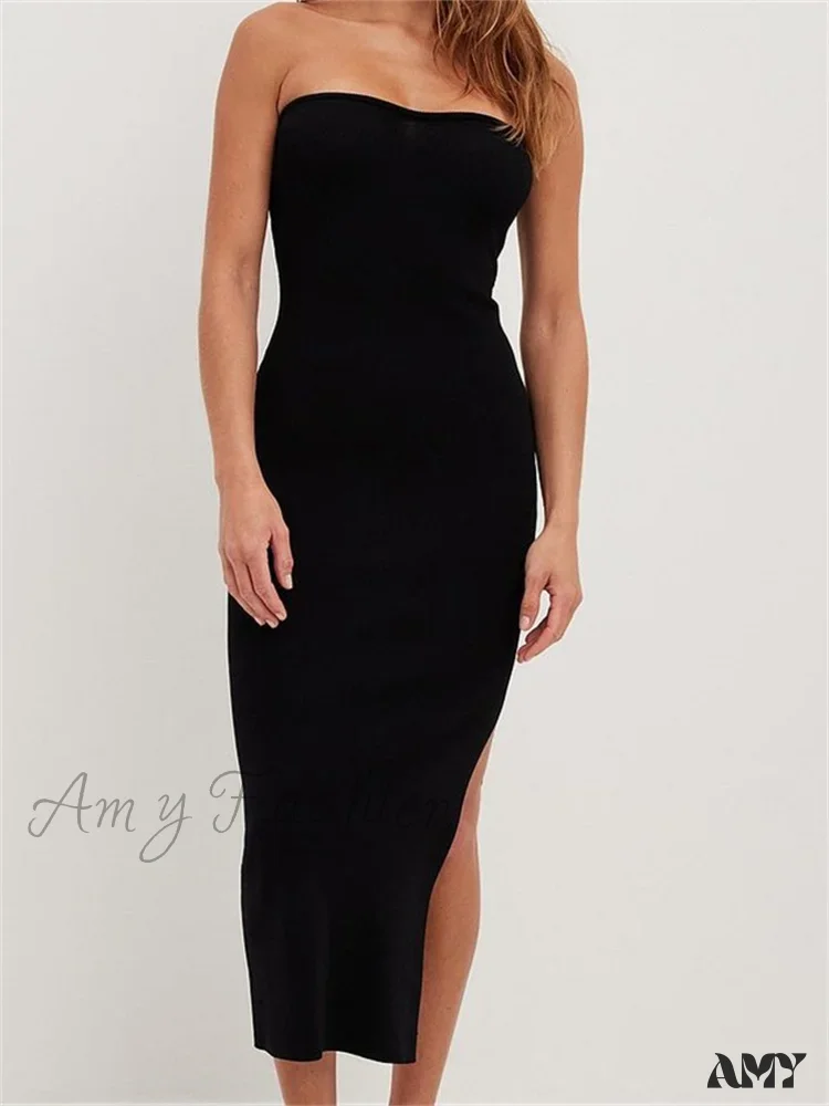 Amy Fashion - Sexy Women  Tube Solid Strapless Off Shoulder Backless Summer Side Split Party Knitted Vestidos