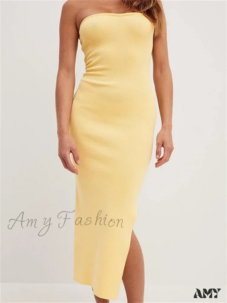 Amy Fashion - Sexy Women  Tube Solid Strapless Off Shoulder Backless Summer Side Split Party Knitted Vestidos - Image 7