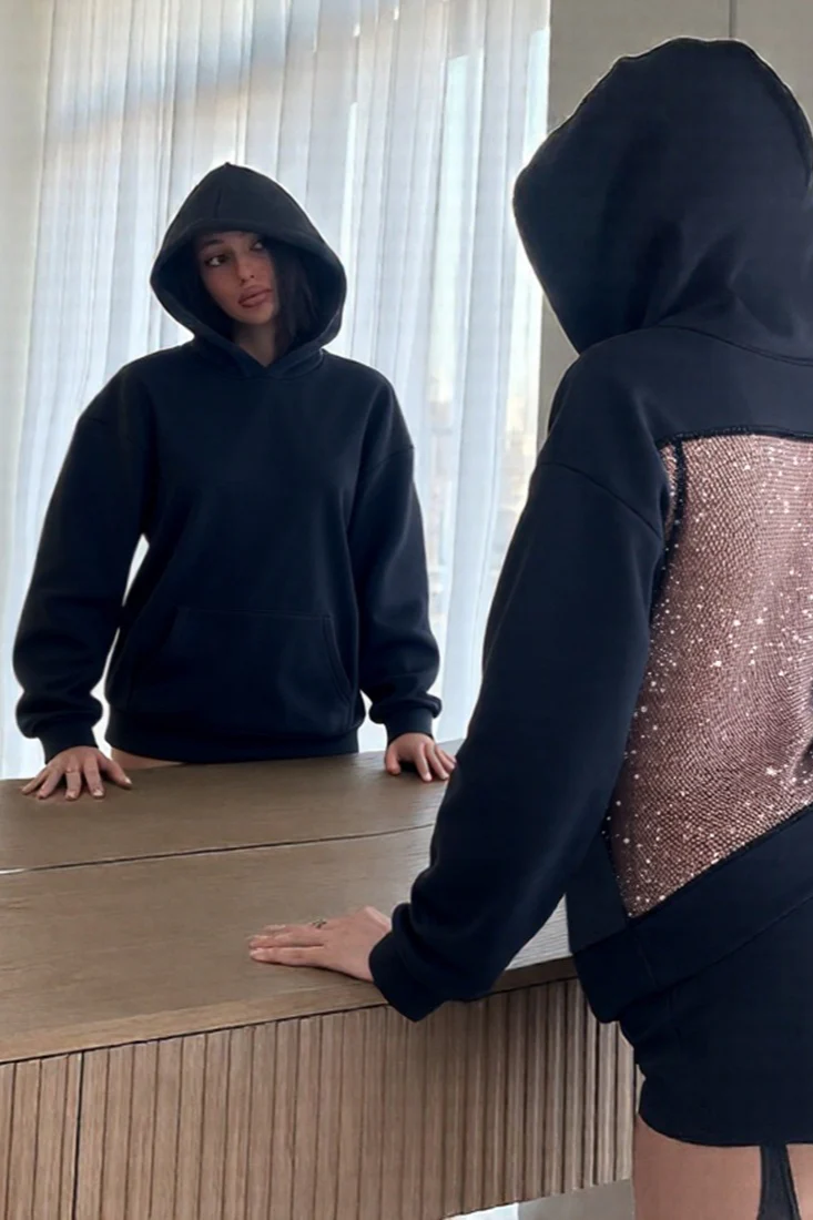 Sheer Mesh Panel Long Sleeve Hoodie - Image 5