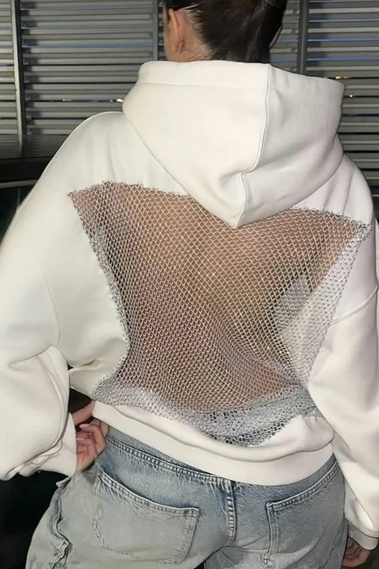 Sheer Mesh Panel Long Sleeve Hoodie - Image 7