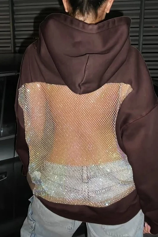 Sheer Mesh Panel Long Sleeve Hoodie - Image 8