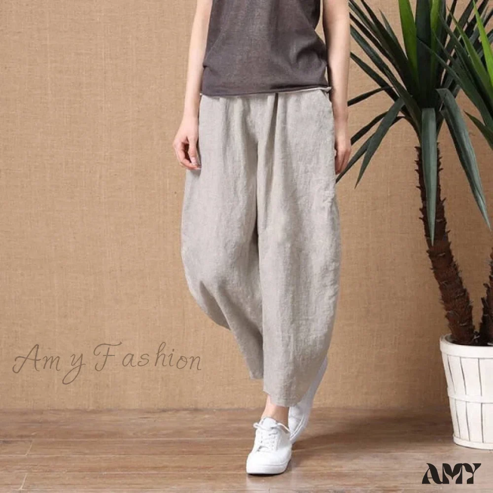 Amy Fashion - Elastic Waist Vintage Lady Loose Casual Pants - Image 4
