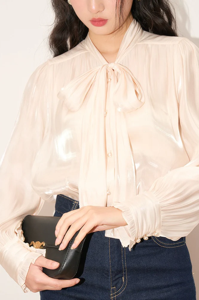 Shiny Ribbon-Tie Elegant Romantic Blouse - Image 3