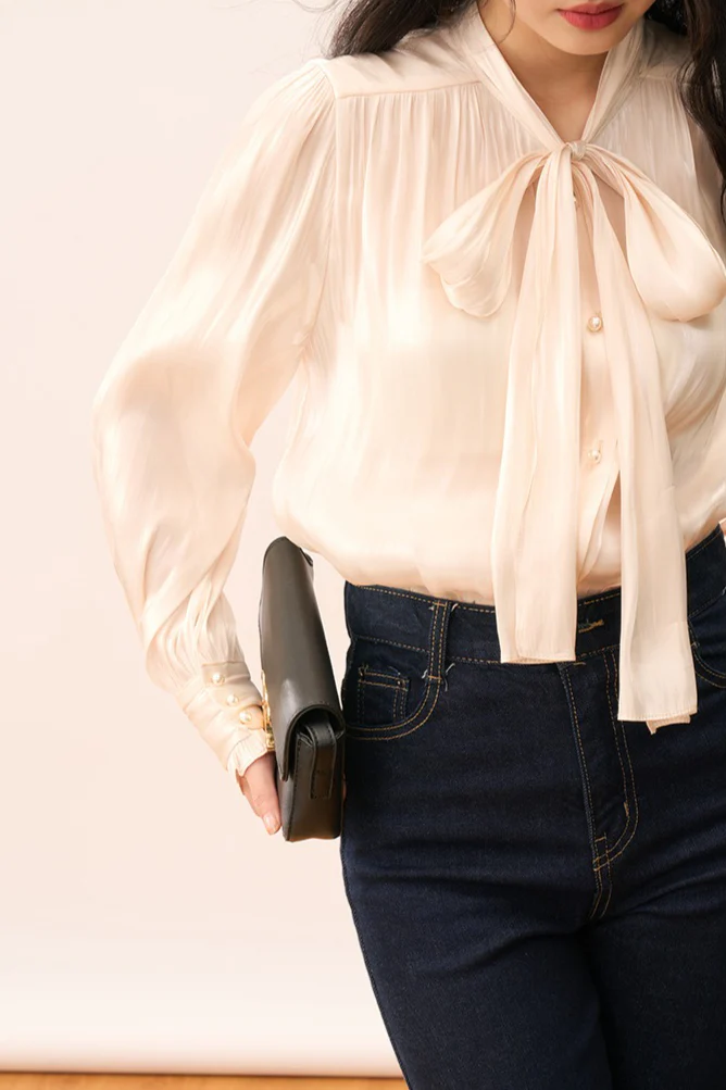 Shiny Ribbon-Tie Elegant Romantic Blouse - Image 6
