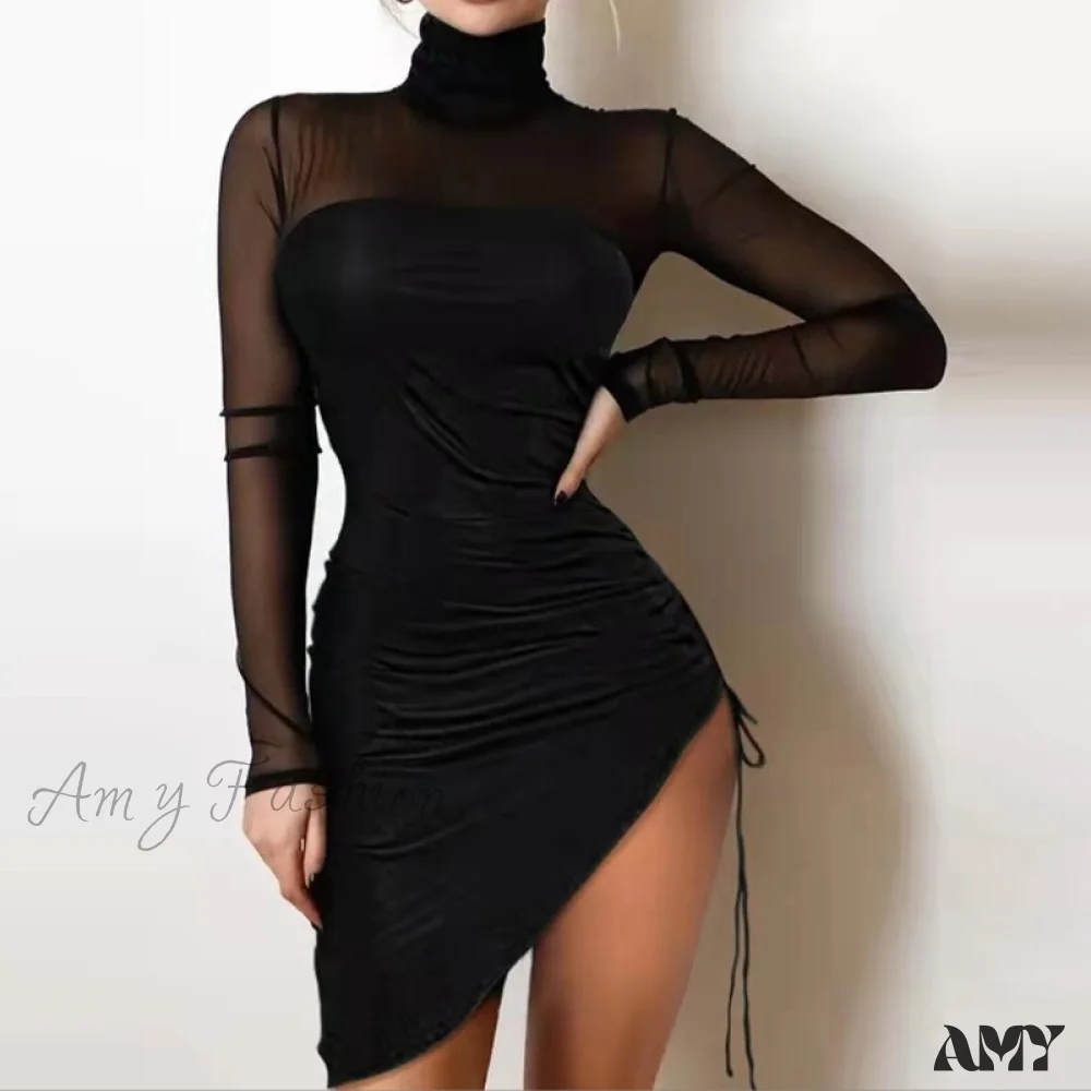 Amy Fashion - Shiny Silk Turtleneck Mesh Patchwork Long Sleeve A-line Dress - Image 13