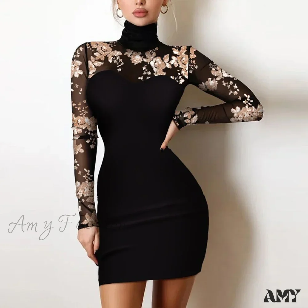 Amy Fashion - Shiny Silk Turtleneck Mesh Patchwork Long Sleeve A-line Dress - Image 15
