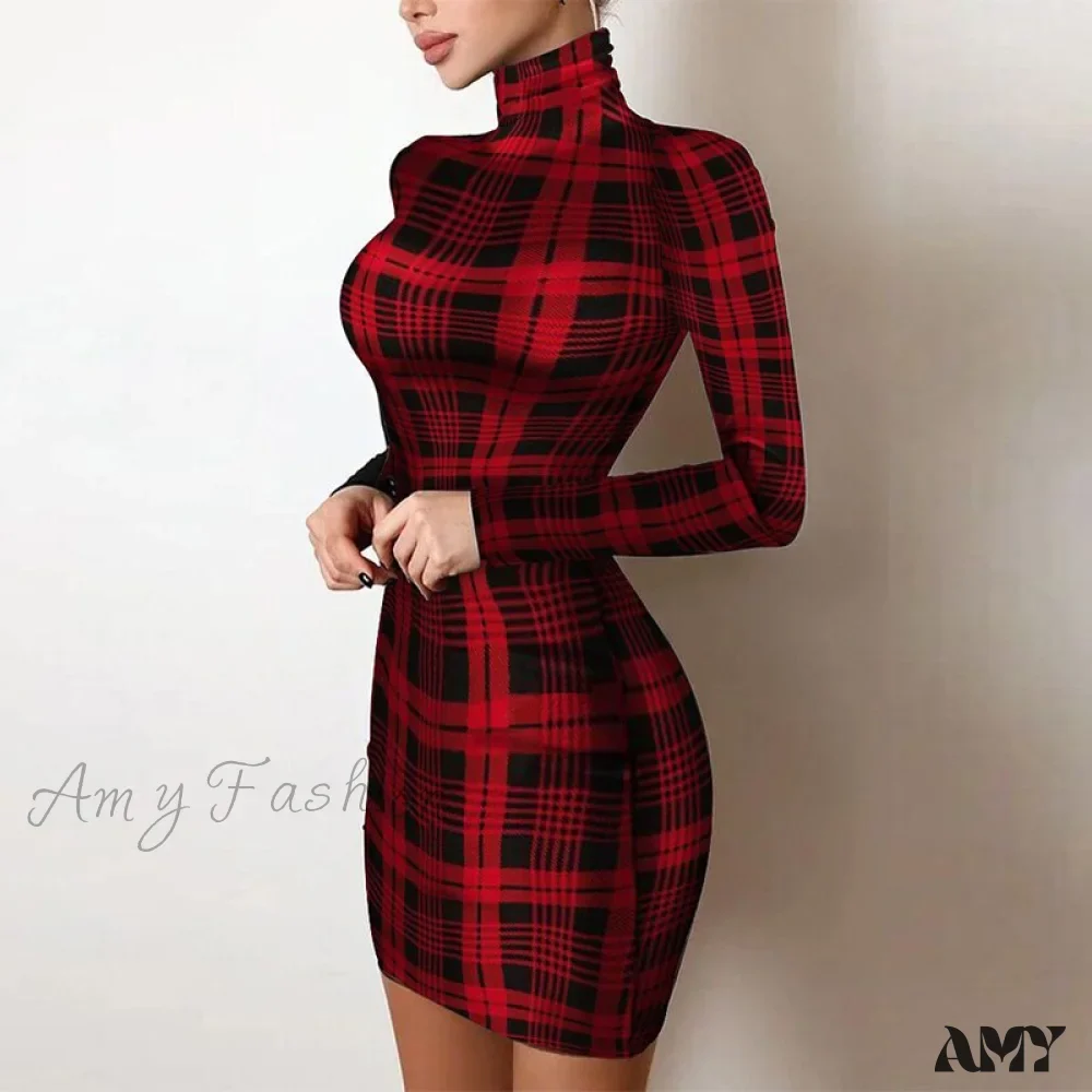 Amy Fashion - Shiny Silk Turtleneck Mesh Patchwork Long Sleeve A-line Dress - Image 21