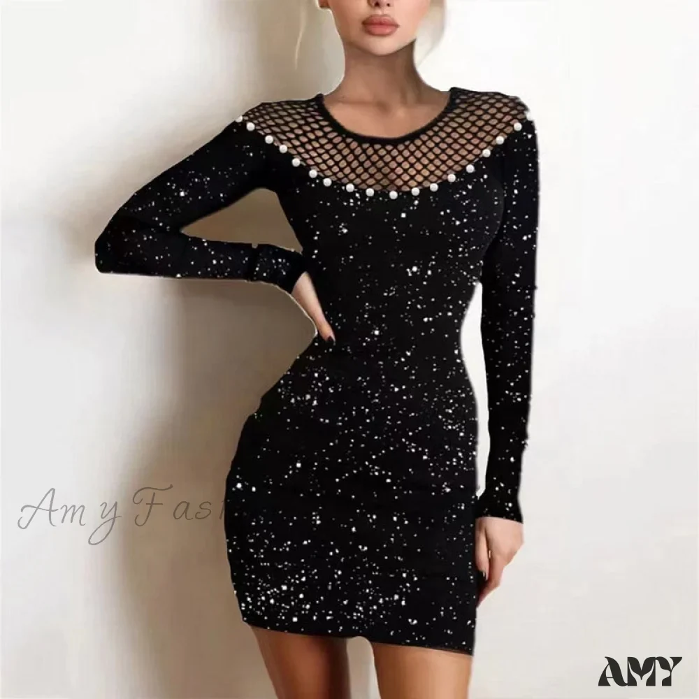 Amy Fashion - Shiny Silk Turtleneck Mesh Patchwork Long Sleeve A-line Dress - Image 5