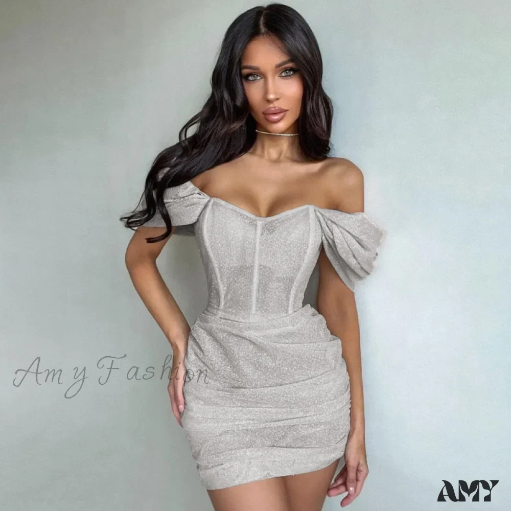 Amy Fashion - Short Sleeve Off Shoulder Corset Mini Dress