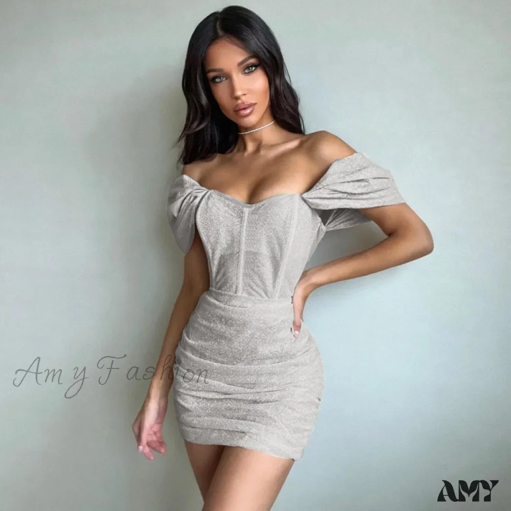 Amy Fashion - Short Sleeve Off Shoulder Corset Mini Dress - Image 2