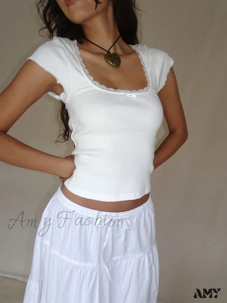Short Sleeve Square Neck Lace Patchwork Bow Summer Streetwear Crop Top - Image 2