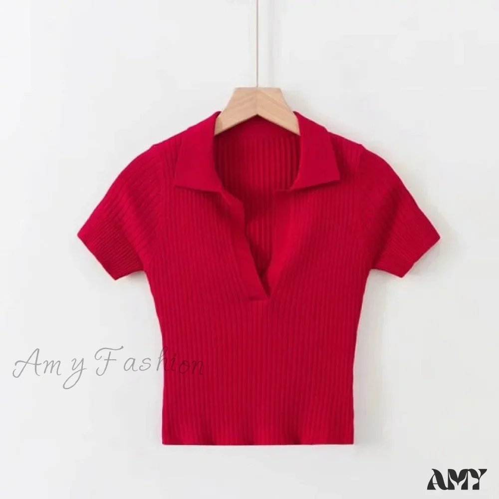 Amy Fashion - Vintage Clothes Ribbed Solid T-shirt - Image 4