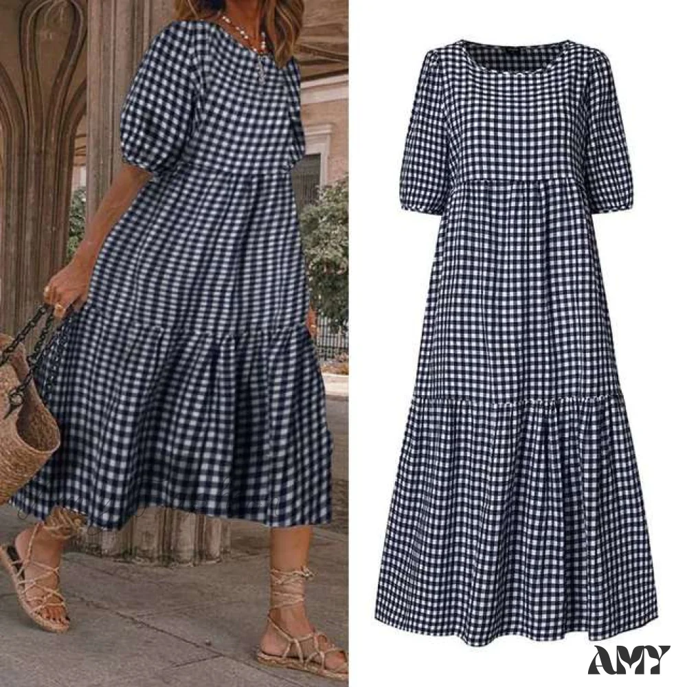 Amy Fashion - Short Sleeve Vintage Plaid Printed Sundress - Image 4