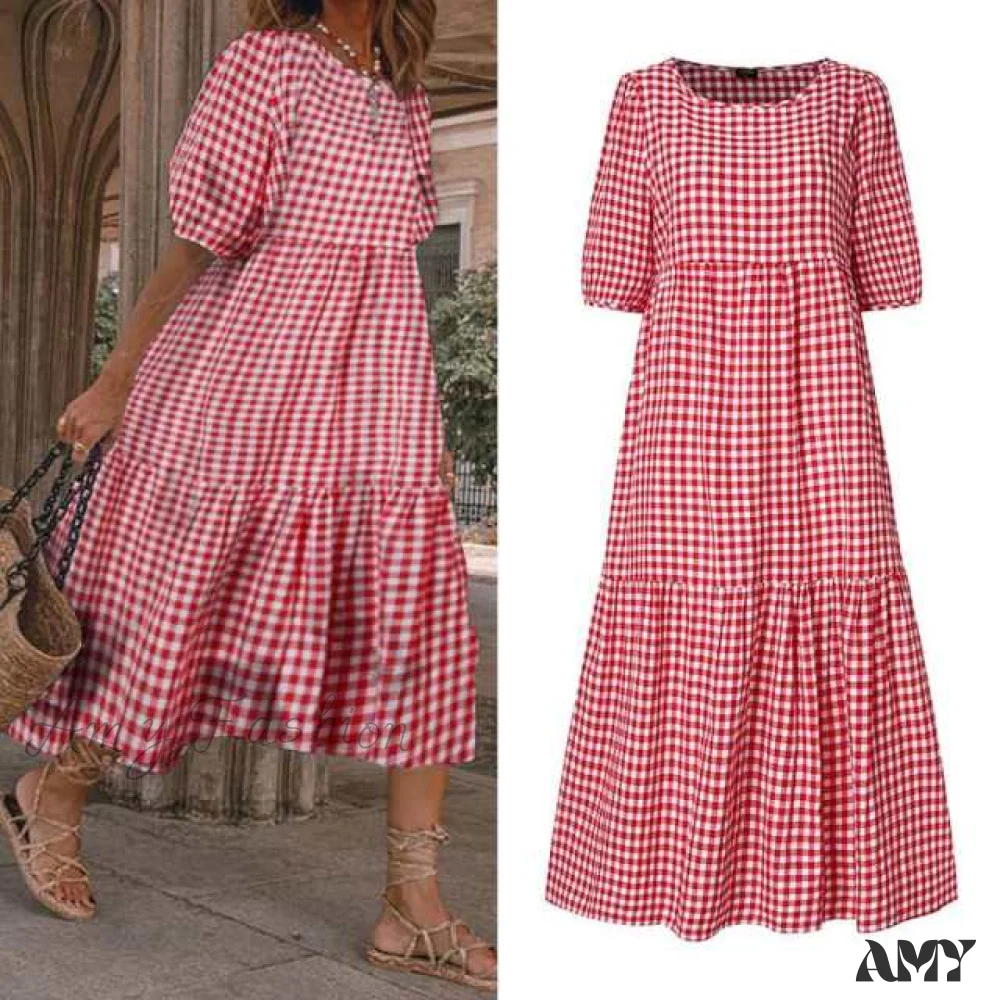 Amy Fashion - Short Sleeve Vintage Plaid Printed Sundress - Image 9