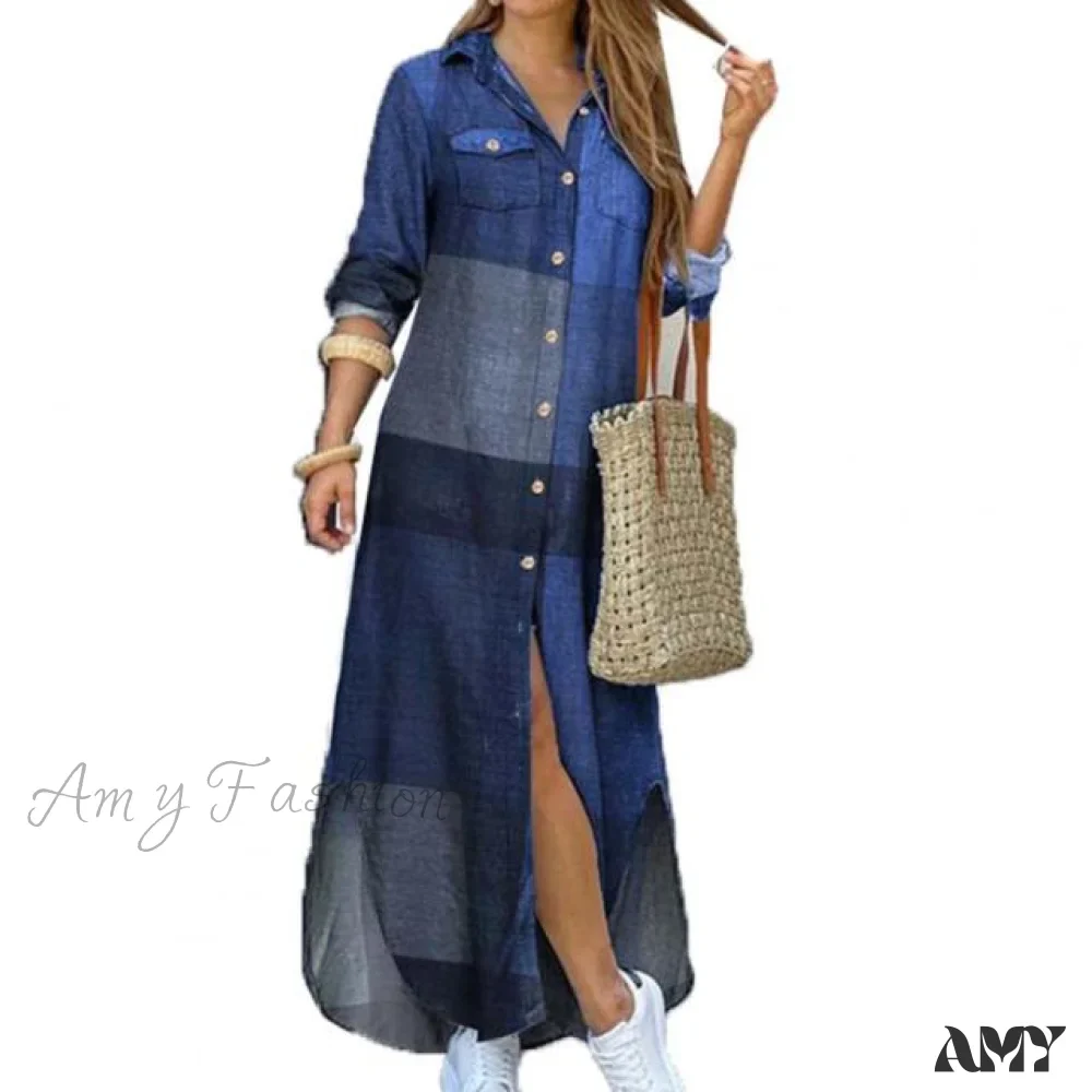 Amy Fashion - Single-breasted Printed Loose Maxi Shirt Dress