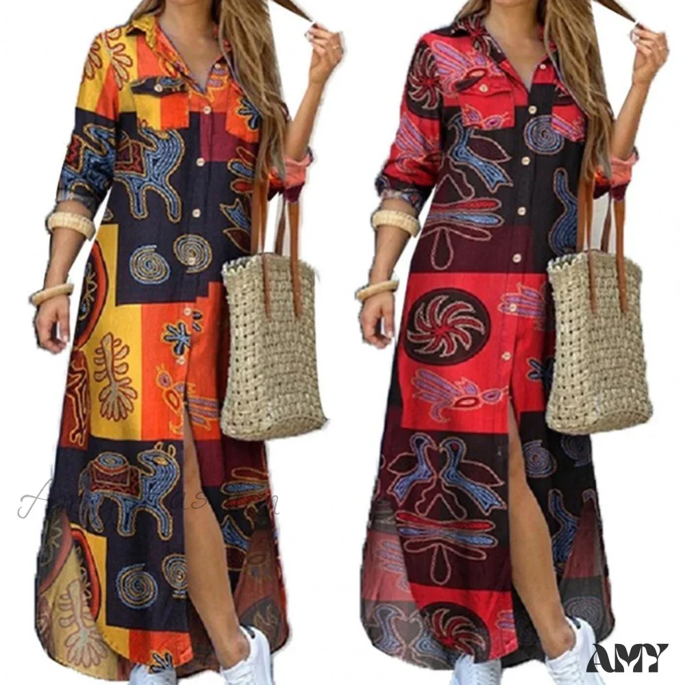 Amy Fashion - Single-breasted Printed Loose Maxi Shirt Dress - Image 2
